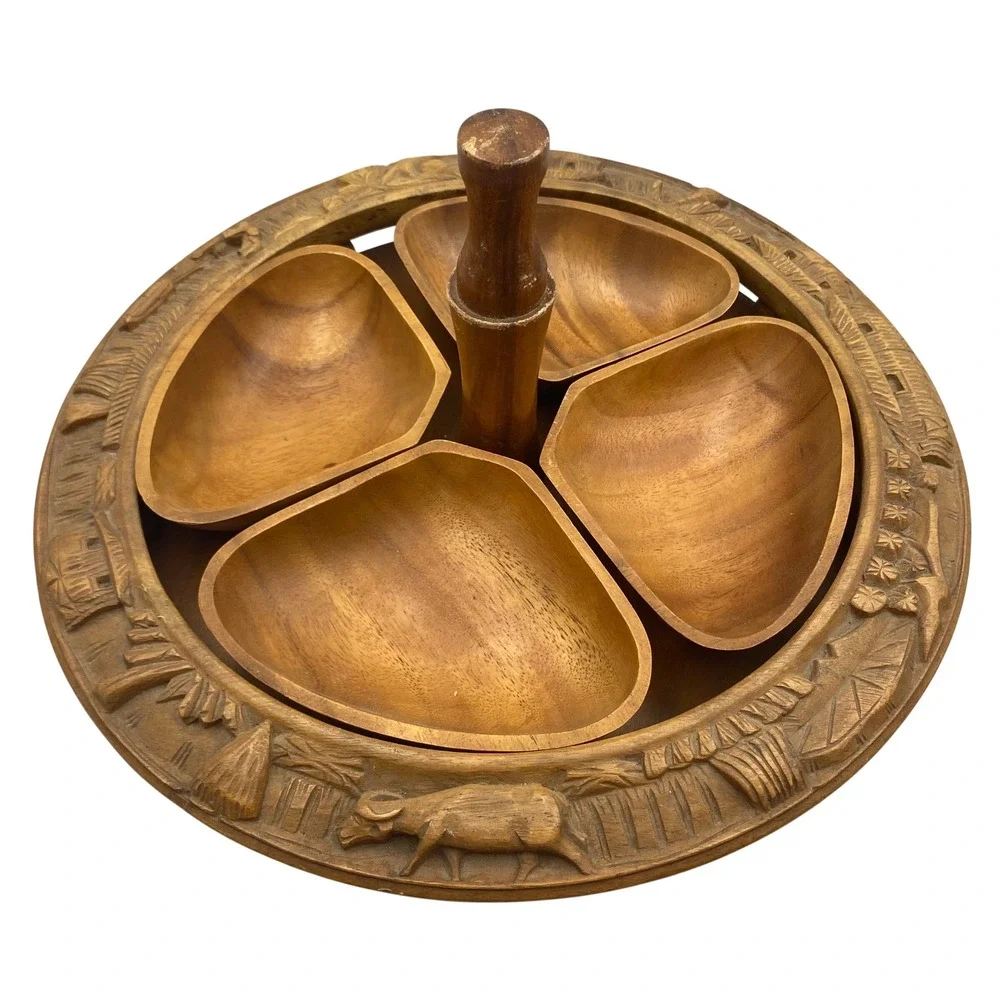 Vintage Hand Carved‎ Monkey Pod Wood 2 Tier Lazy Susan Philippines Tropical Tiki